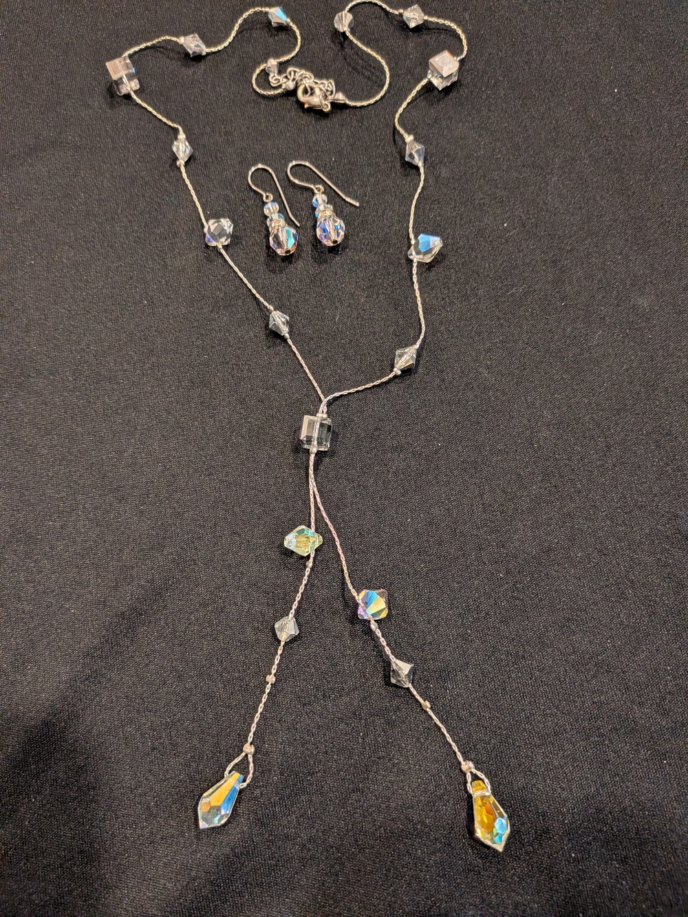 Swarovski Crystal Drop Y-Necklace and Match Earrings Set - Silver Tone